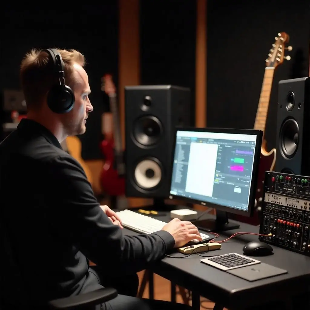 An audio-video technician wearing headphones works on sound mixing software in a recording studio, surrounded by speakers, guitars, and audio equipment