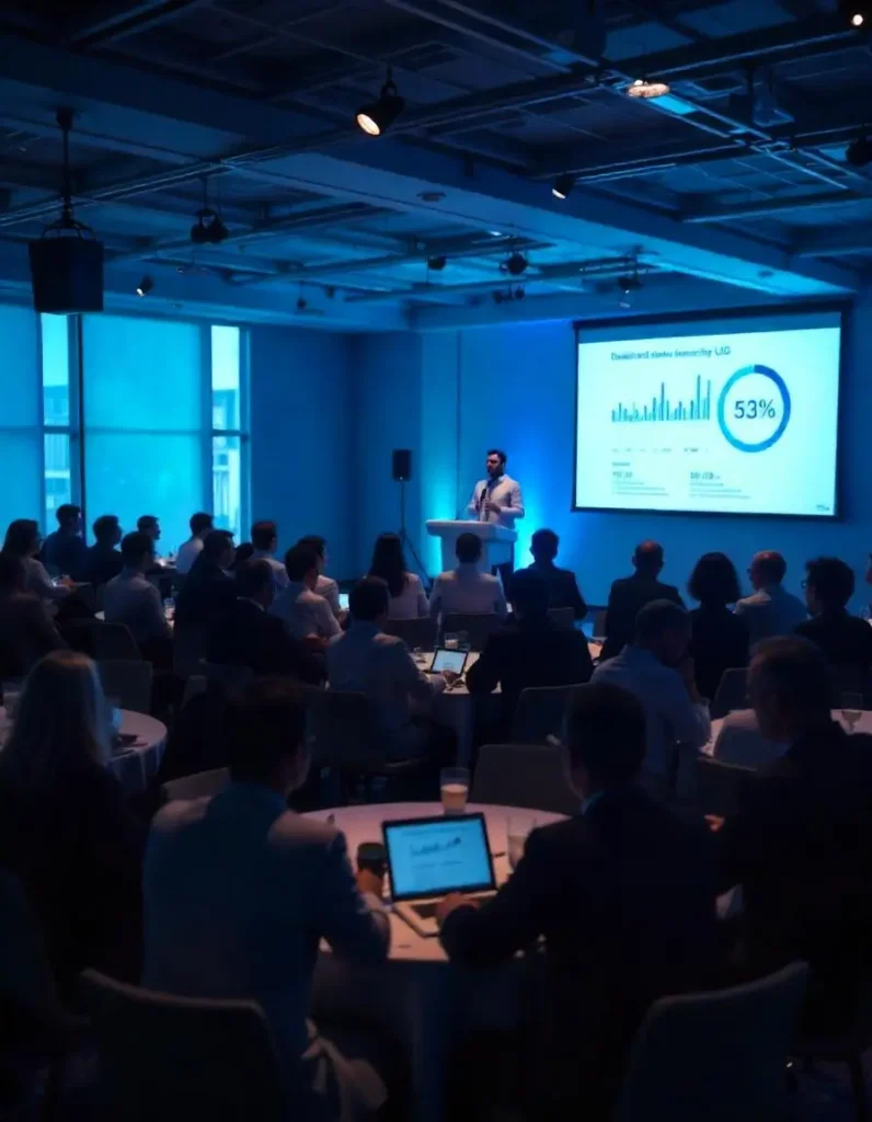 A speaker delivers a presentation with data and charts displayed on a projector screen during a business conference, while the audience listens and takes notes on laptops