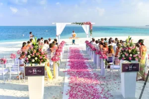 A vibrant tropical beach wedding ceremony with pink rose petals and ocean views.