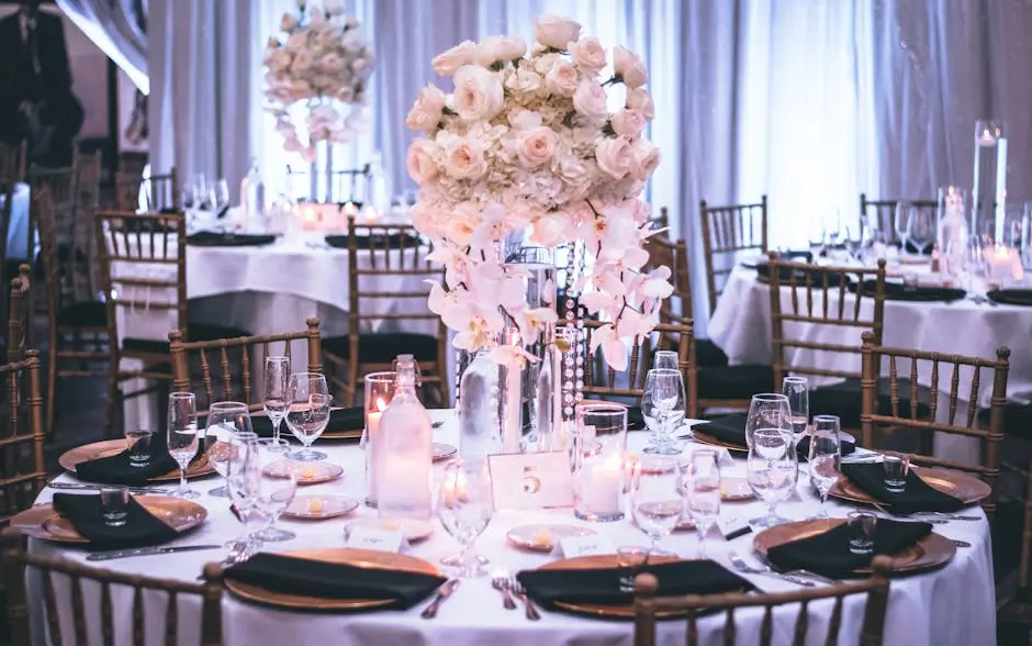 Elegant wedding reception table setting with white floral centerpieces, wedding.
