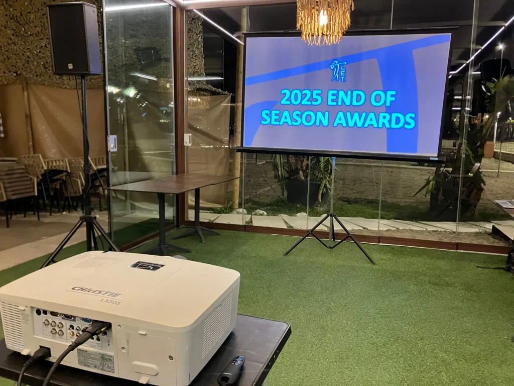Audio video rental in malaga setup showing the 2025 End of Season Awards screen at Majumi Beach Club